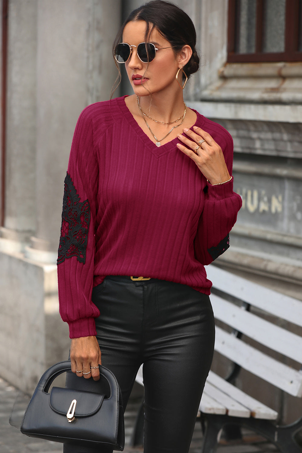 Ribbed Lace Detail V-Neck Sweater Deep Red