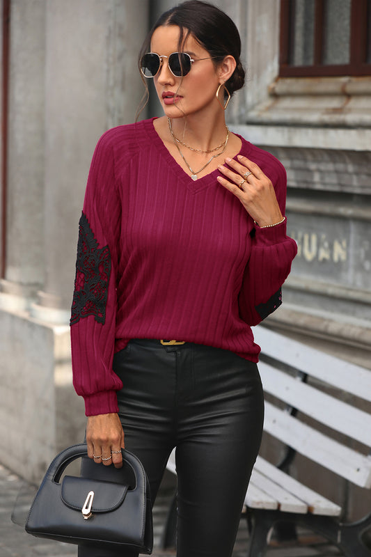 Ribbed Lace Detail V-Neck Sweater Deep Red