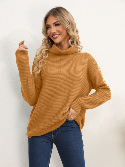 Slit Turtleneck Dropped Shoulder Sweater Mustard