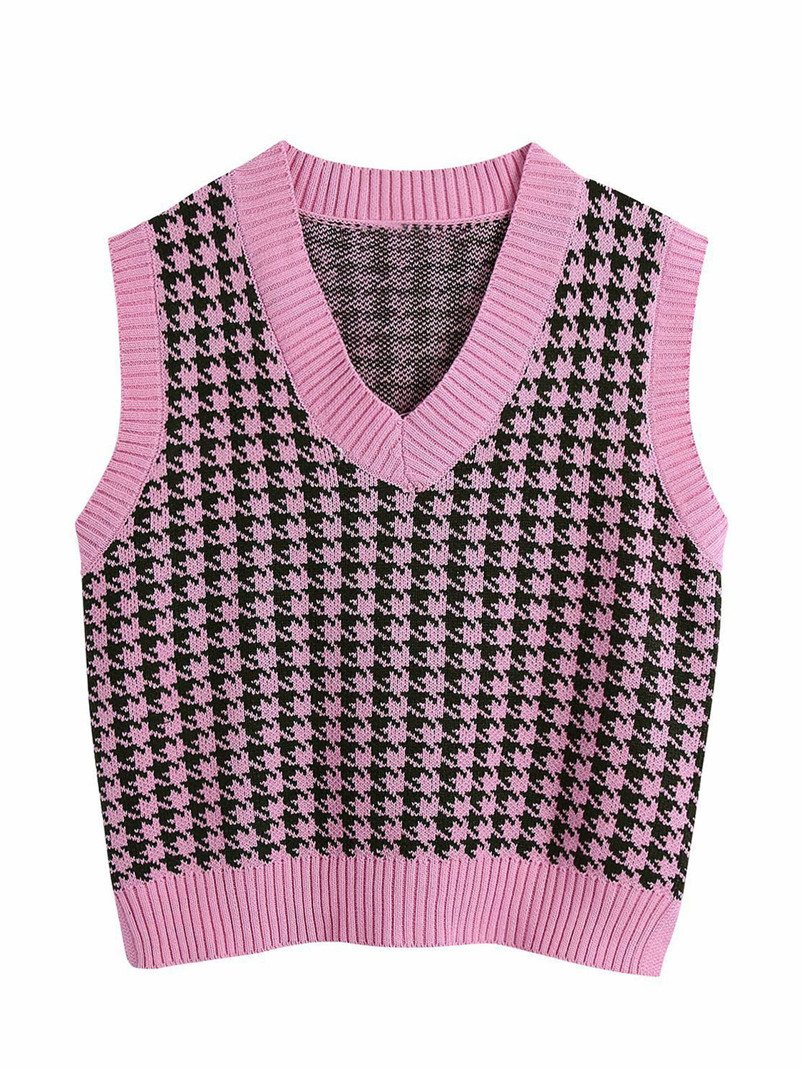 Houndstooth V-Neck Sweater Vest Pink Purple