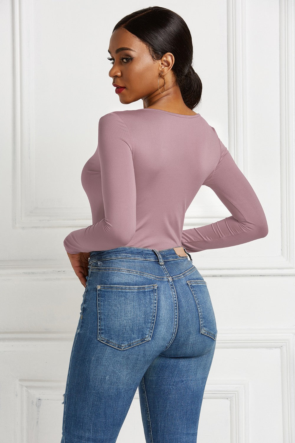 Half Zip Scoop Neck Long Sleeve Bodysuit - Thandynie