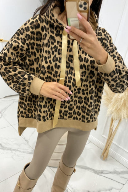 Leopard Dropped Shoulder Hoodie Camel