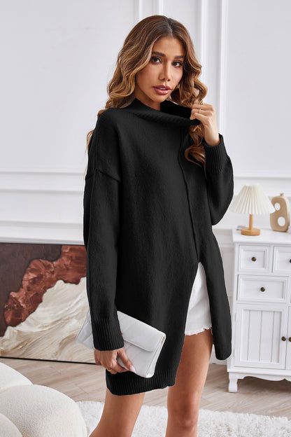 Exposed Seam Mock Neck Slit Sweater Black