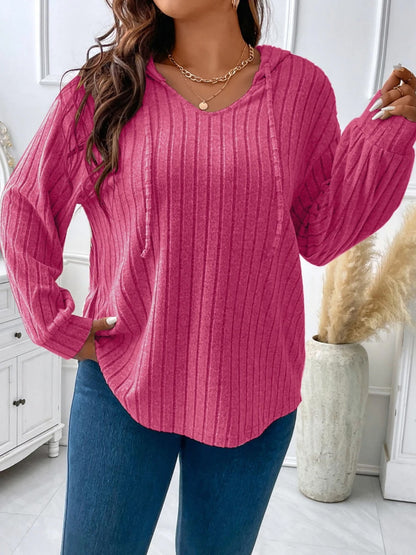 Plus Size Drawstring Dropped Shoulder Hooded T-Shirt Hot Pink