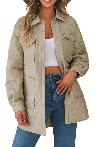 Beige 4 Big Pockets Quilted Button Down Puffer Coat