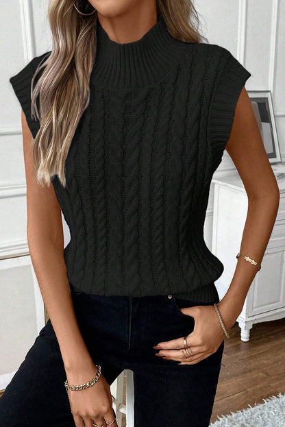 Cable-Knit Mock Neck Sweater Vest Black