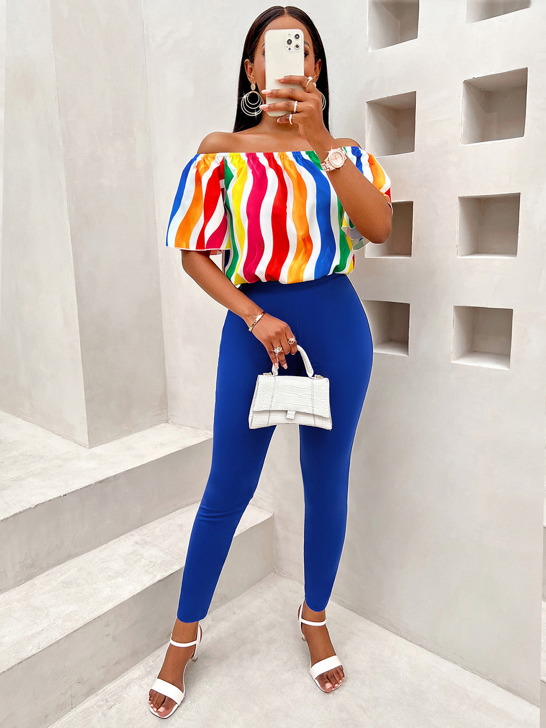 Multicolor Off Shoulder Top and Long Pants Set - Thandynie