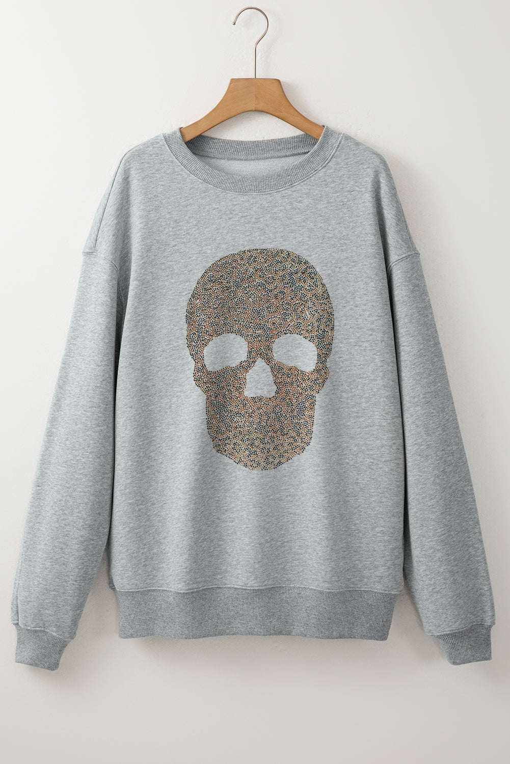 Light Grey Rhinestone Skull Graphic Drop Shoulder Sweatshirt Light Grey 50%Polyester+50%Cotton