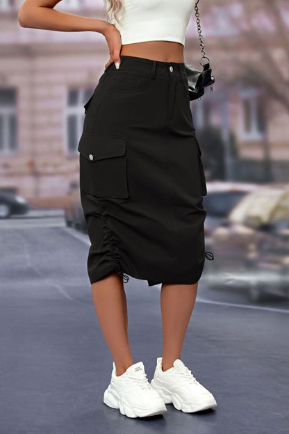 Drawstring Slit Skirt with Pockets Black