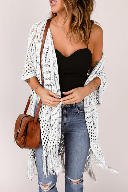 Openwork Open Front Cardigan with Fringes White One Size