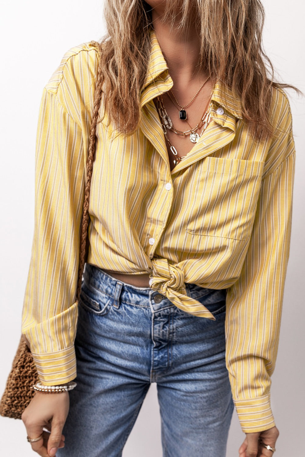 Striped Button Up Long Sleeve Shirt Pastel Yellow