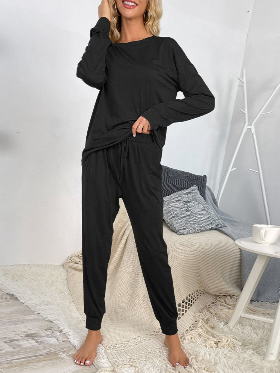 Shiny Round Neck Top and Drawstring Pants Lounge Set Black