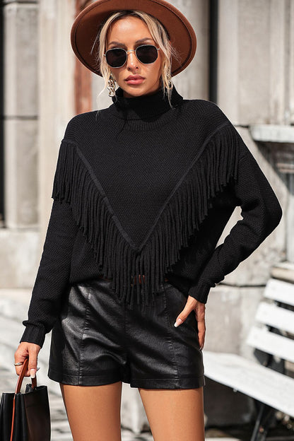 Turtle Neck Tassel Front Long Sleeve Pullover Sweater Black