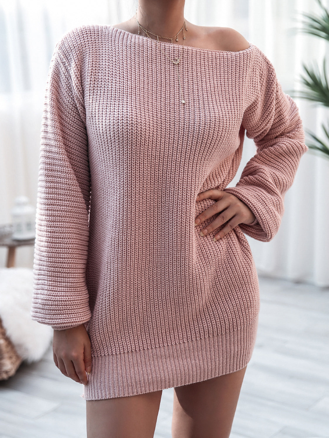 Rib-Knit Mini Sweater Dress Dusty Pink