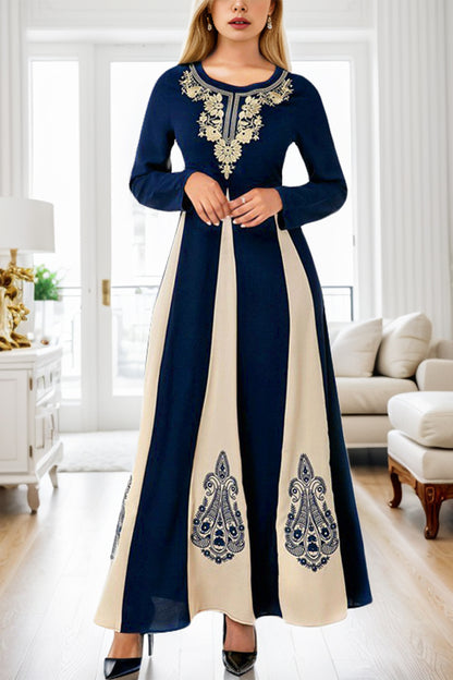 Printed Round Neck Long Sleeve Maxi Dress Dark Blue