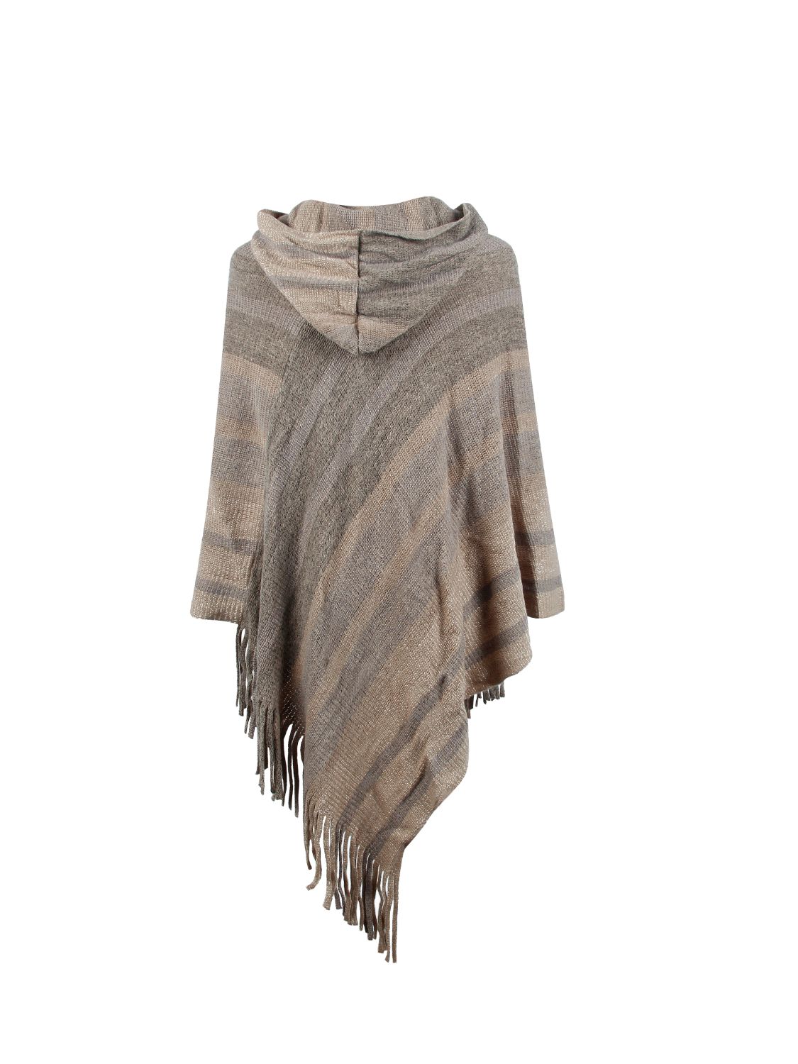 Striped Fringe Hem Hooded Poncho - Thandynie