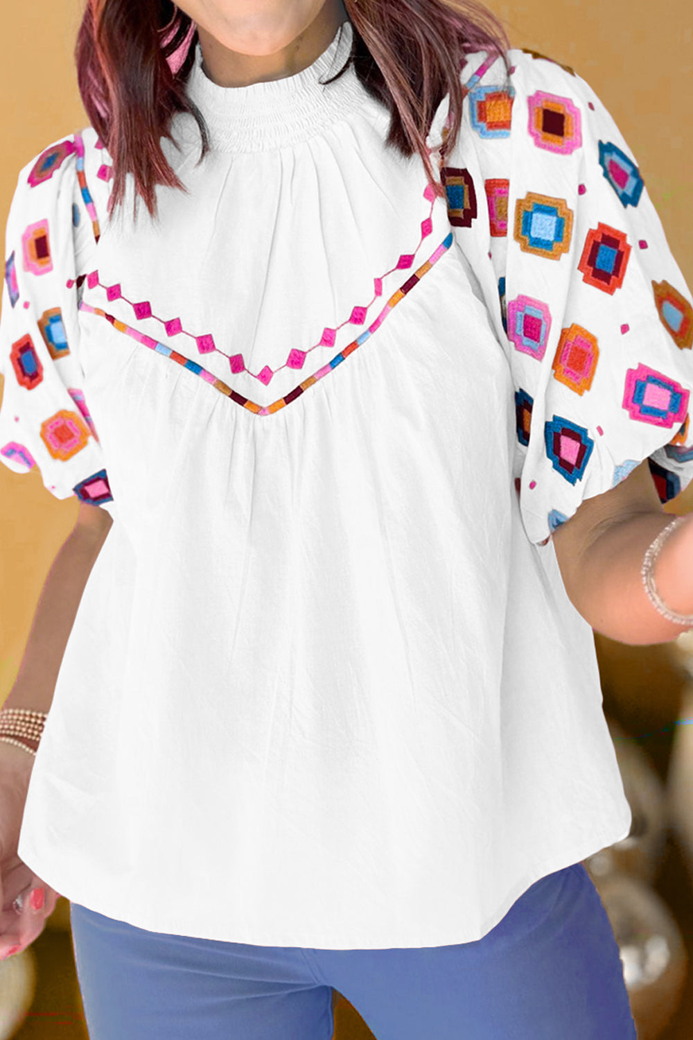 Printed Mock Neck Puff Sleeve Blouse White