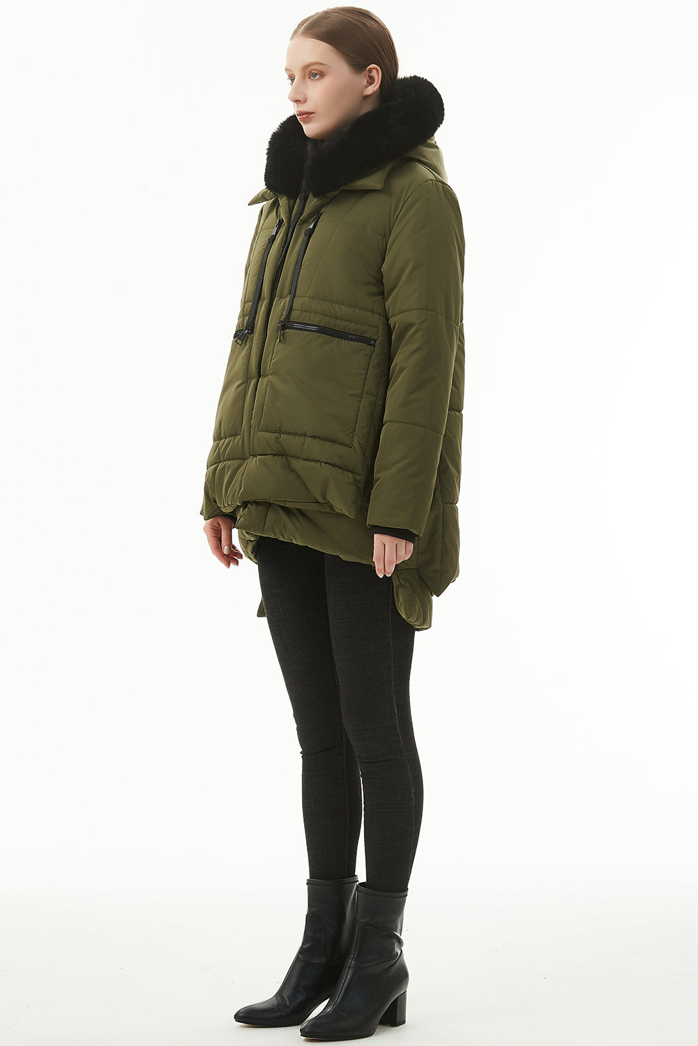 Jungle Green Plush Linen Zip Up Hooded Puffer Coat