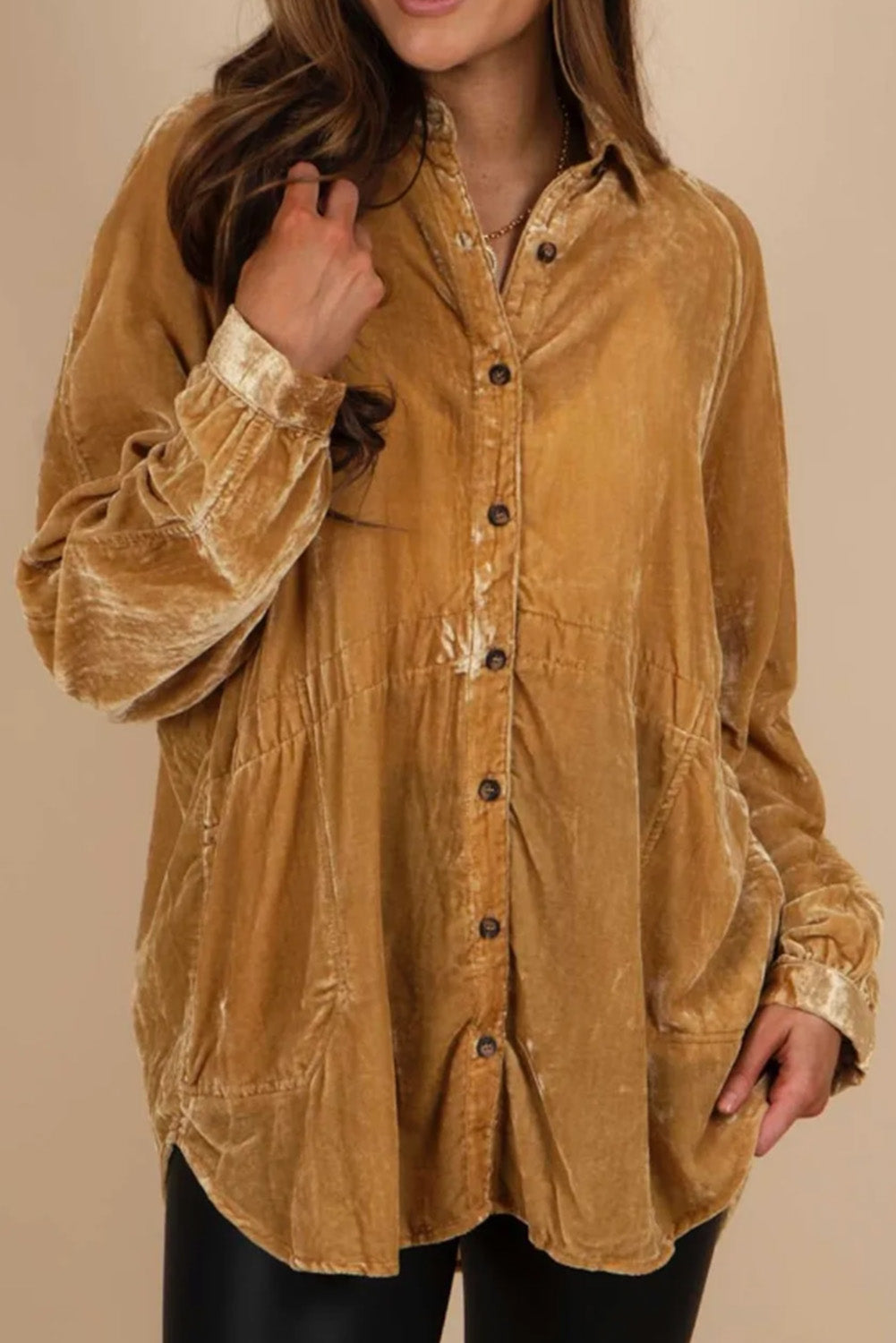 Button Up Collared Neck Long Sleeve Velvet Shirt Camel