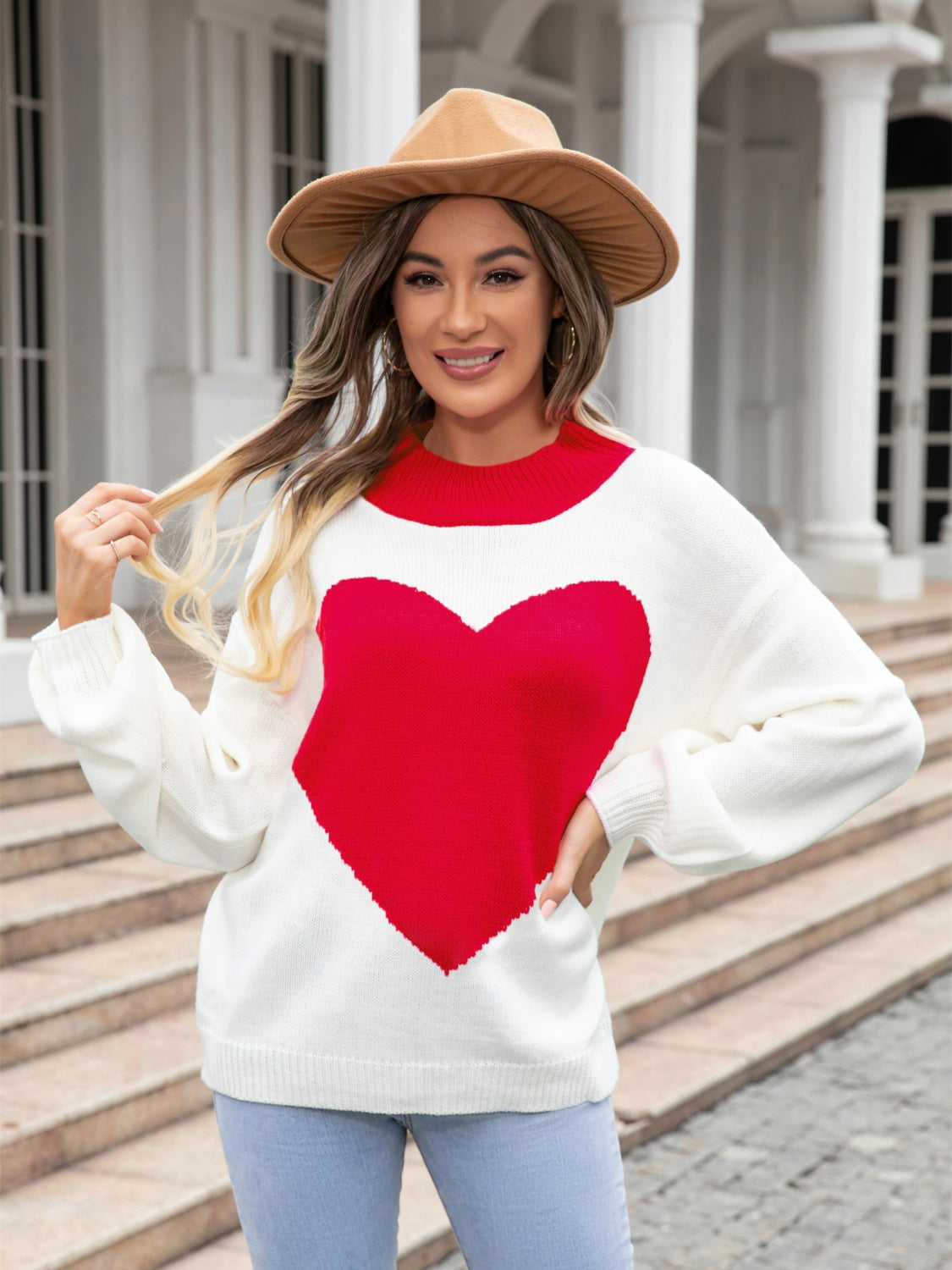 Heart Graphic Round Neck Sweater Deep Red