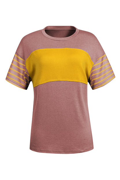 Striped Round Neck Short Sleeve T-Shirt Dusty Pink