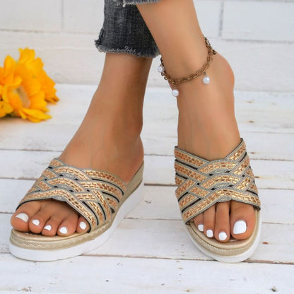 Rhinestone Open Toe Wedge Sandals Gold