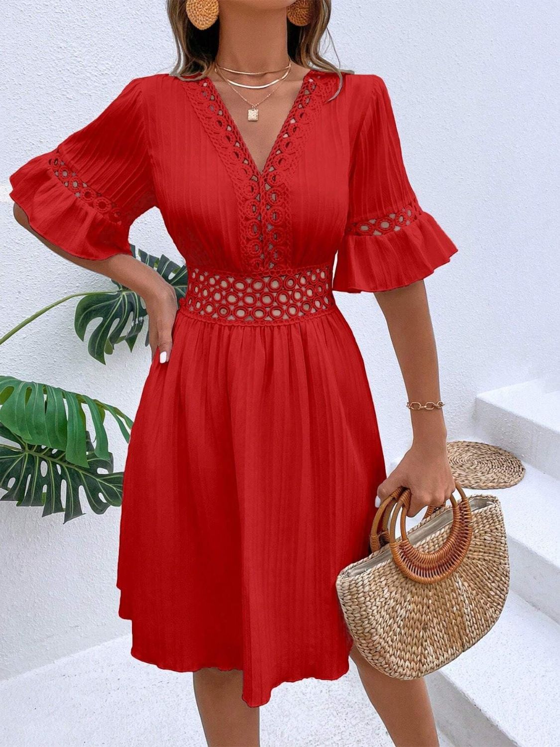 Cutout V-Neck Flounce Sleeve Mini Dress Scarlet