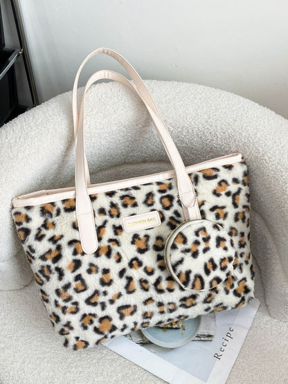 Leopard Faux Fur Tote Bag with Coin Purse White One Size