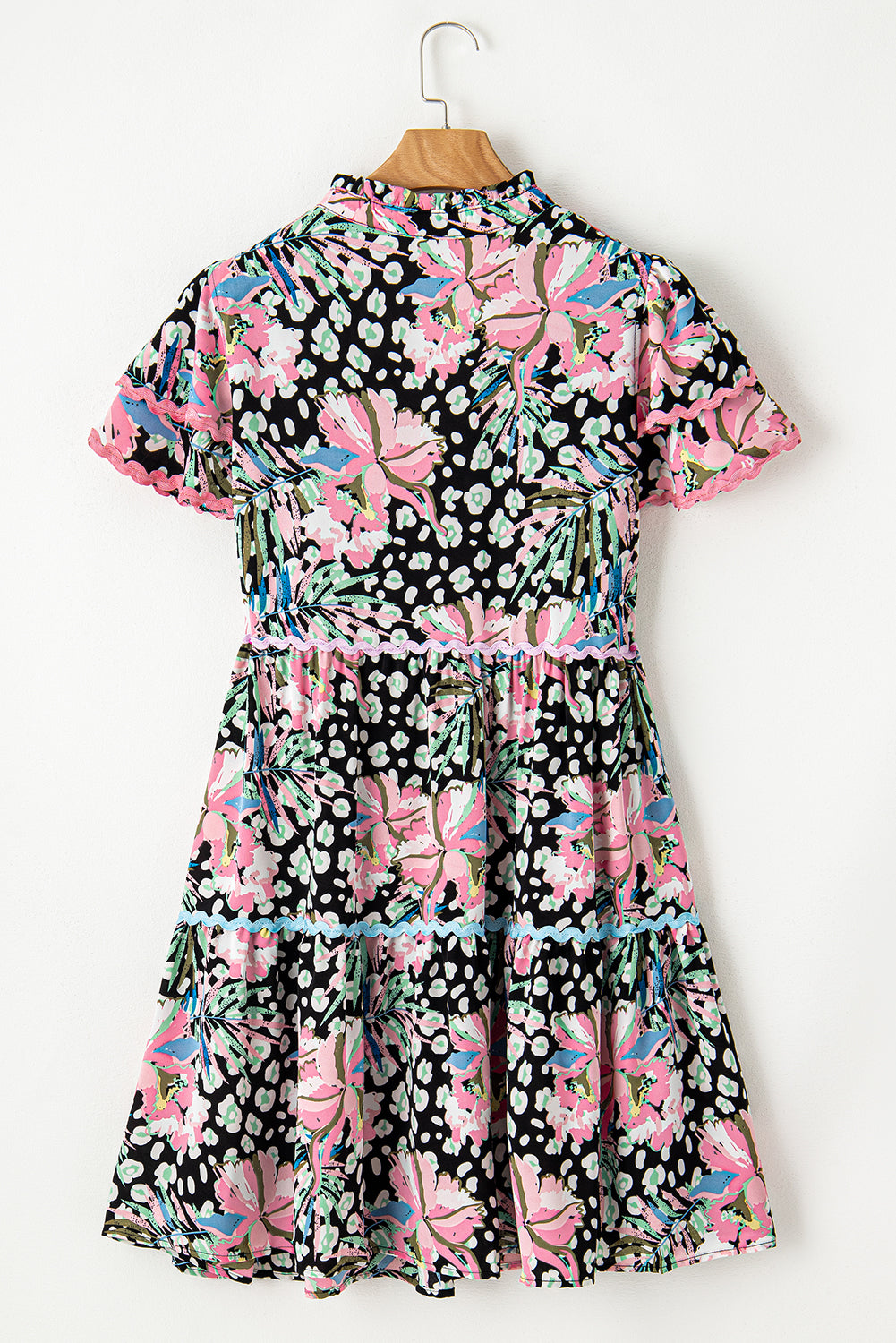 Multicolour Ric-rac Trim Short Sleeve Flared Plus Size Floral Dress