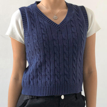 Cable-knit V-Neck Sweater Vest Dark Blue