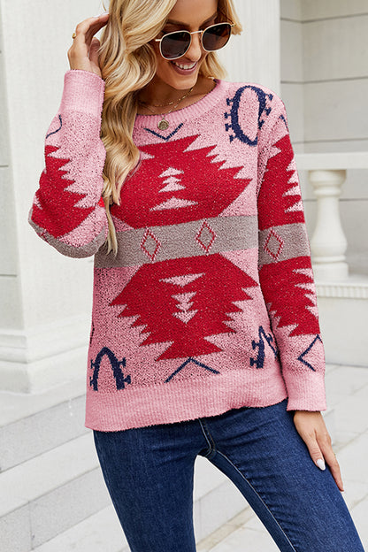 Printed Round Neck Long Sleeve Sweater Blush Pink