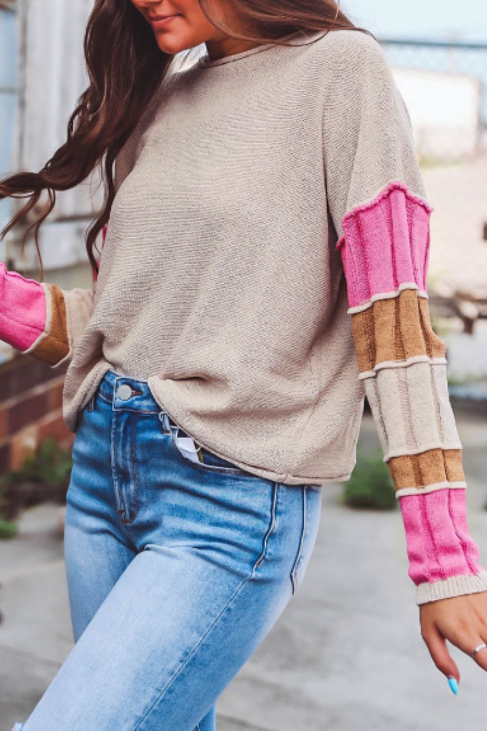 Color Block Round Neck Long Sleeve Sweater