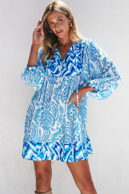 Sky Blue Bohemian Print Puff Sleeve Tied V Neck Flared Mini Dress Sky Blue 100%Polyester