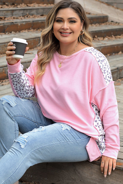 Pink Leopard Splicing Plus Size Sweatshirt with Exposed Seams