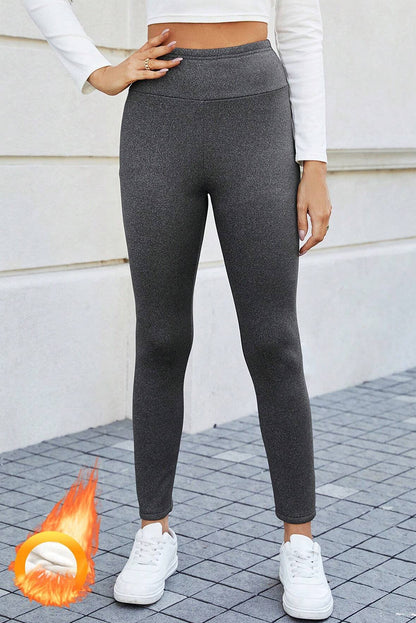 Dark Grey Fleece Lined Thermal Knit Ankle High Waist Leggings Dark Grey 90%Polyester+10%Elastane