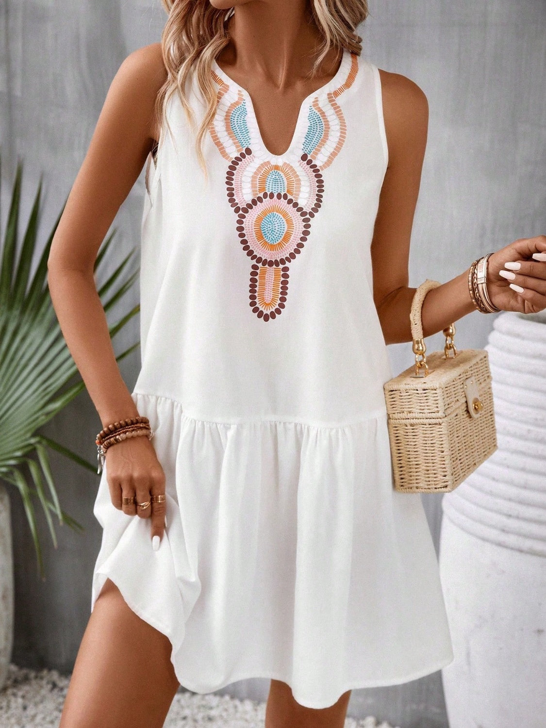 Printed Sleeveless Mini Dress White