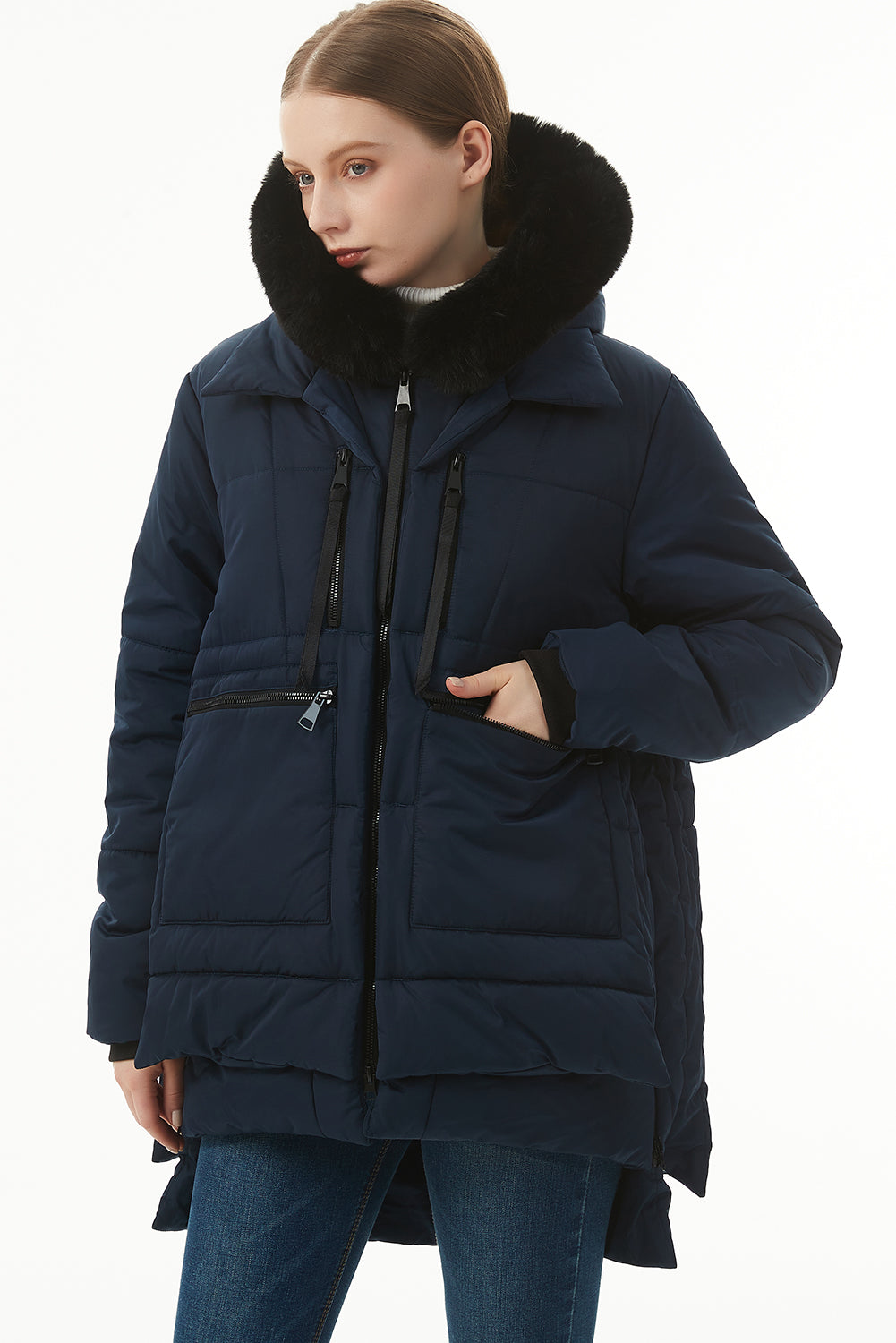 Navy Blue Plush Linen Zip Up Hooded Puffer Coat