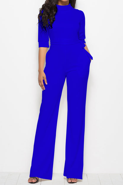 Mock Neck Tie-Waist Half Sleeve Jumpsuit Royal Blue