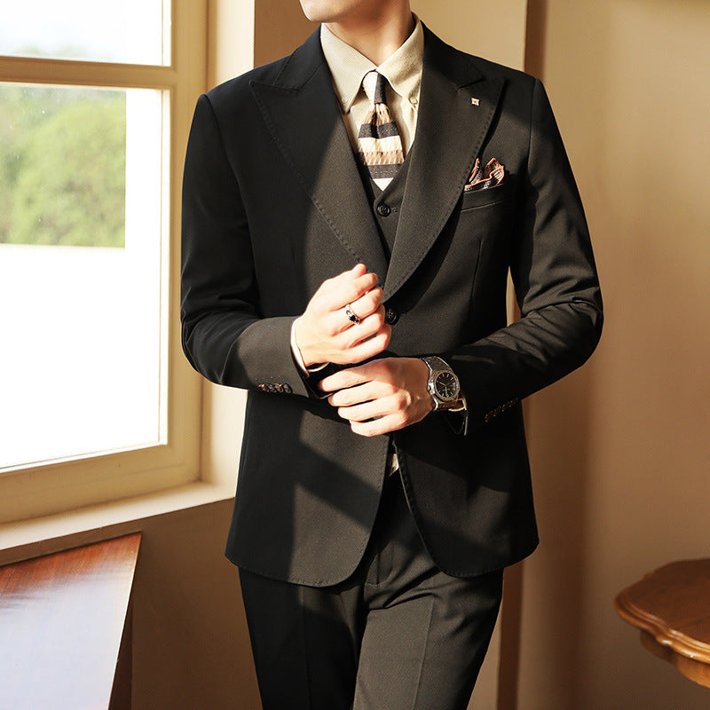 High-end Wedding Bridegroom Suit Suit Closure Collar Suit Three-piece Suit Men Caramel Black