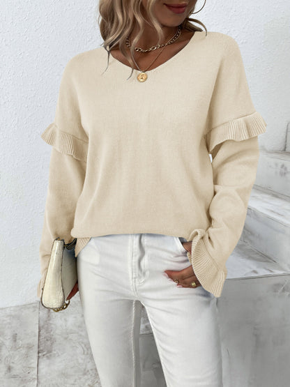 Ruffled V-Neck Dropped Shoulder Sweater Tan