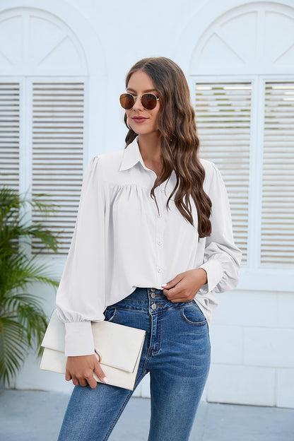 Puff Sleeve Collared Neck Shirt White