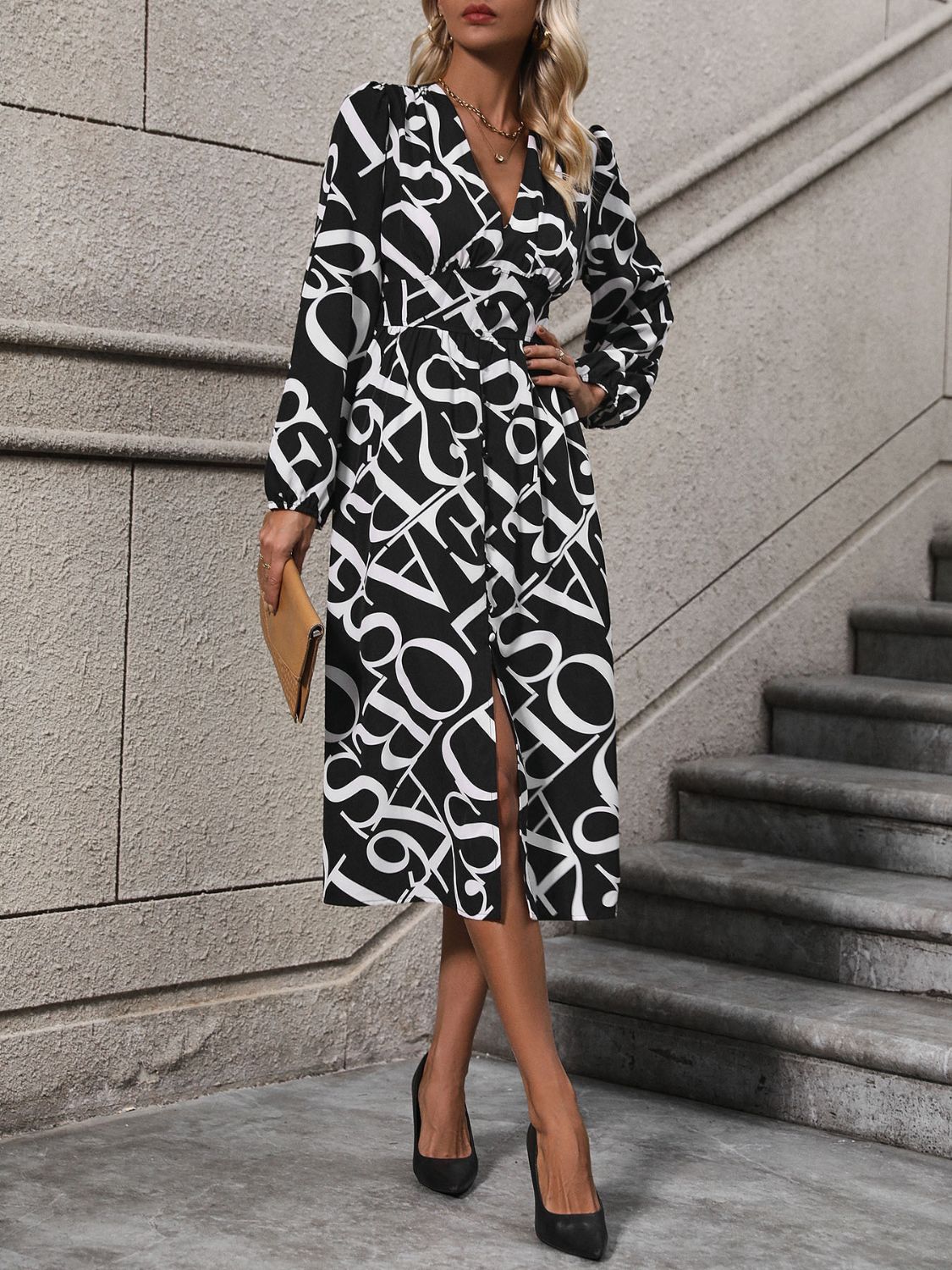 Printed V-Neck Long Sleeve Midi Dress - Thandynie