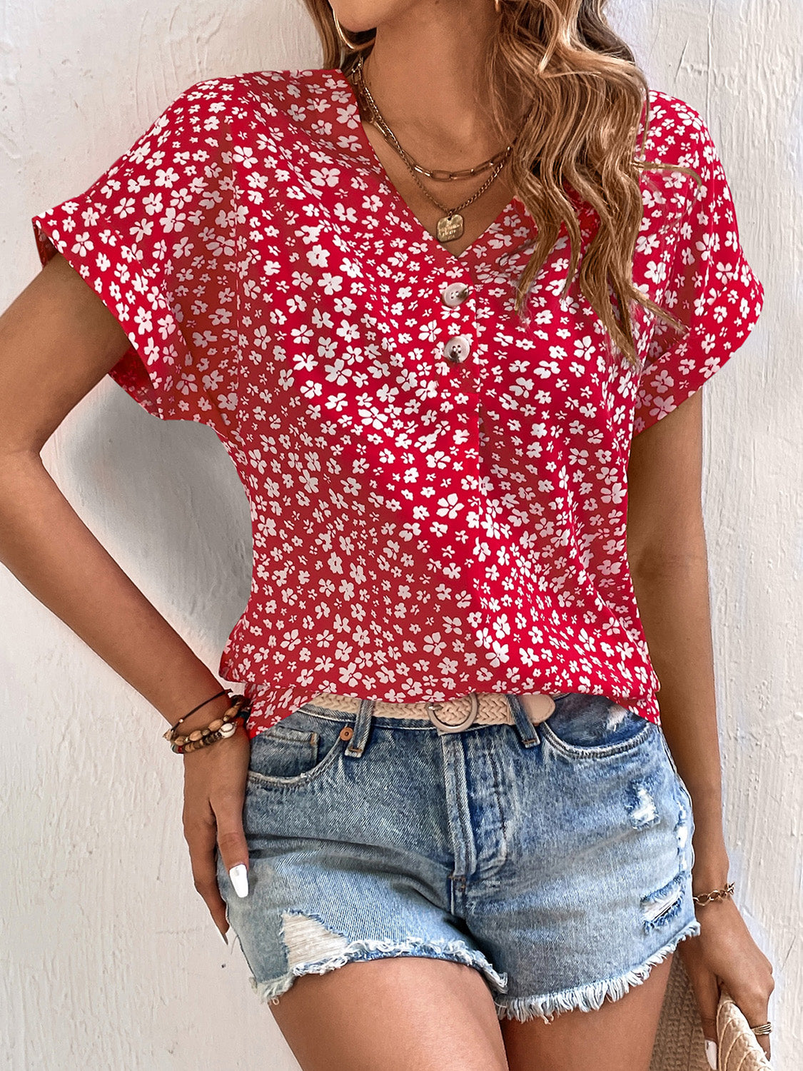 Printed V-Neck Short Sleeve Blouse Scarlet