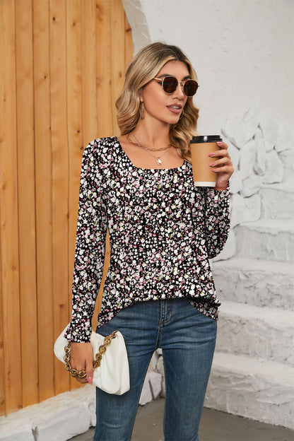 Printed Square Neck Long Sleeve Blouse Black