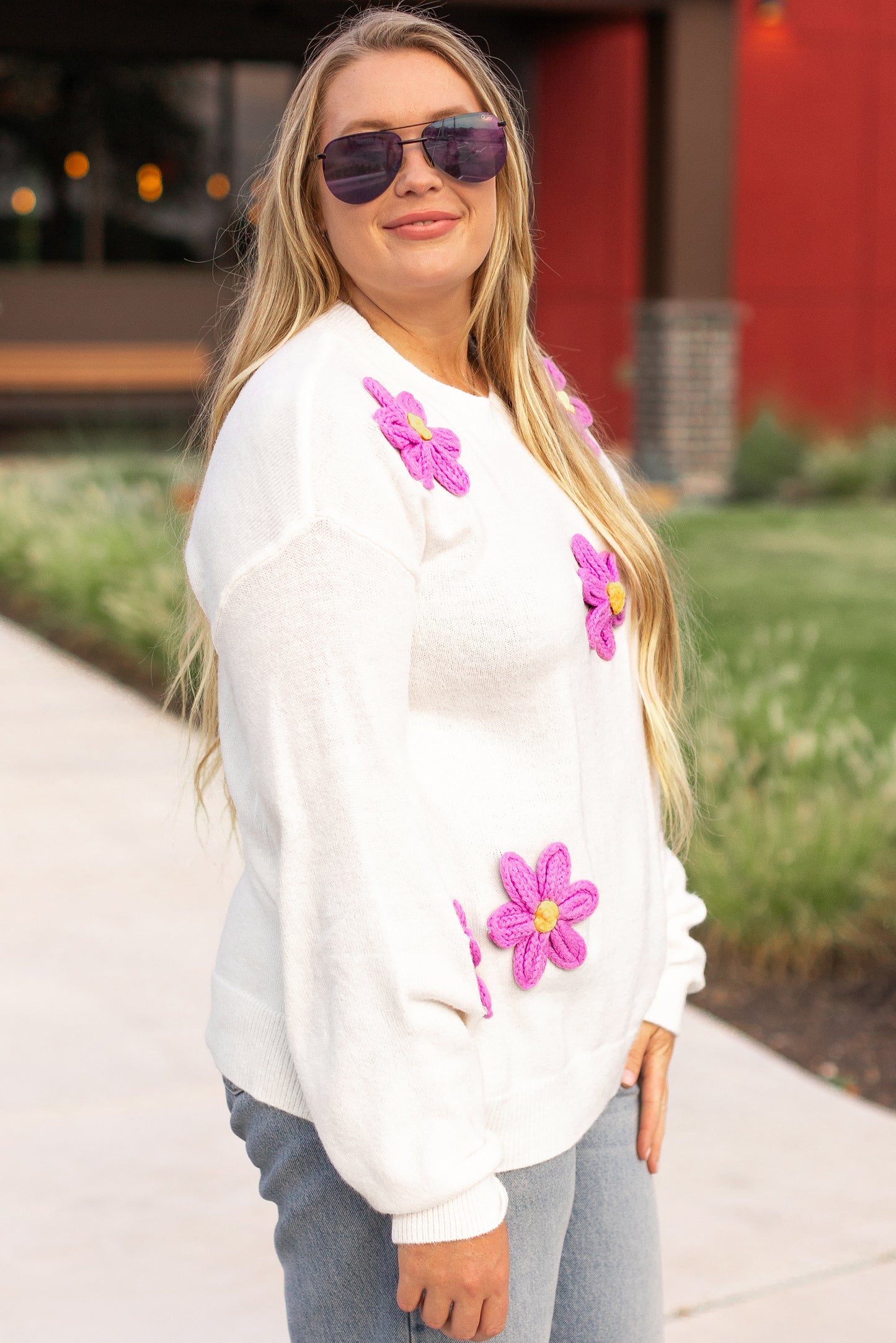 White Plus Size Flower Crochet Drop Shoulder Knit Sweater