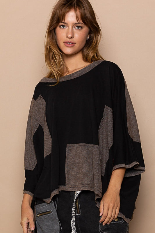 POL Frayed Edge Patchwork Oversized T-Shirt Black