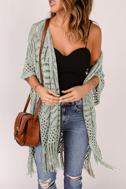 Openwork Open Front Cardigan with Fringes Sage One Size