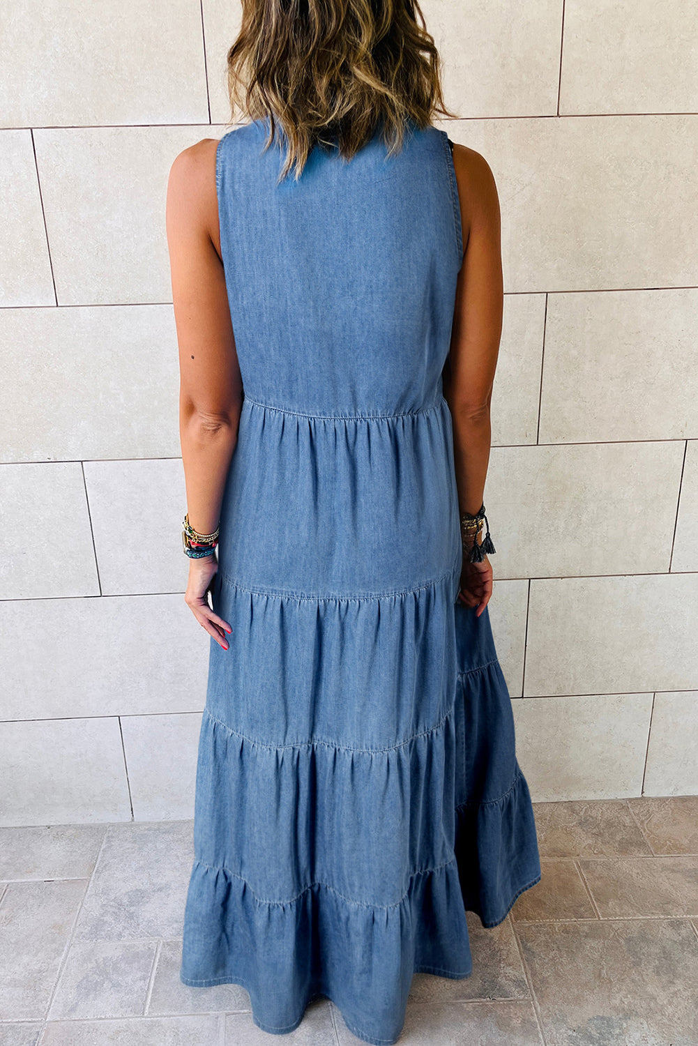 Blue Sleeveless Tiered Chambray Maxi Dress