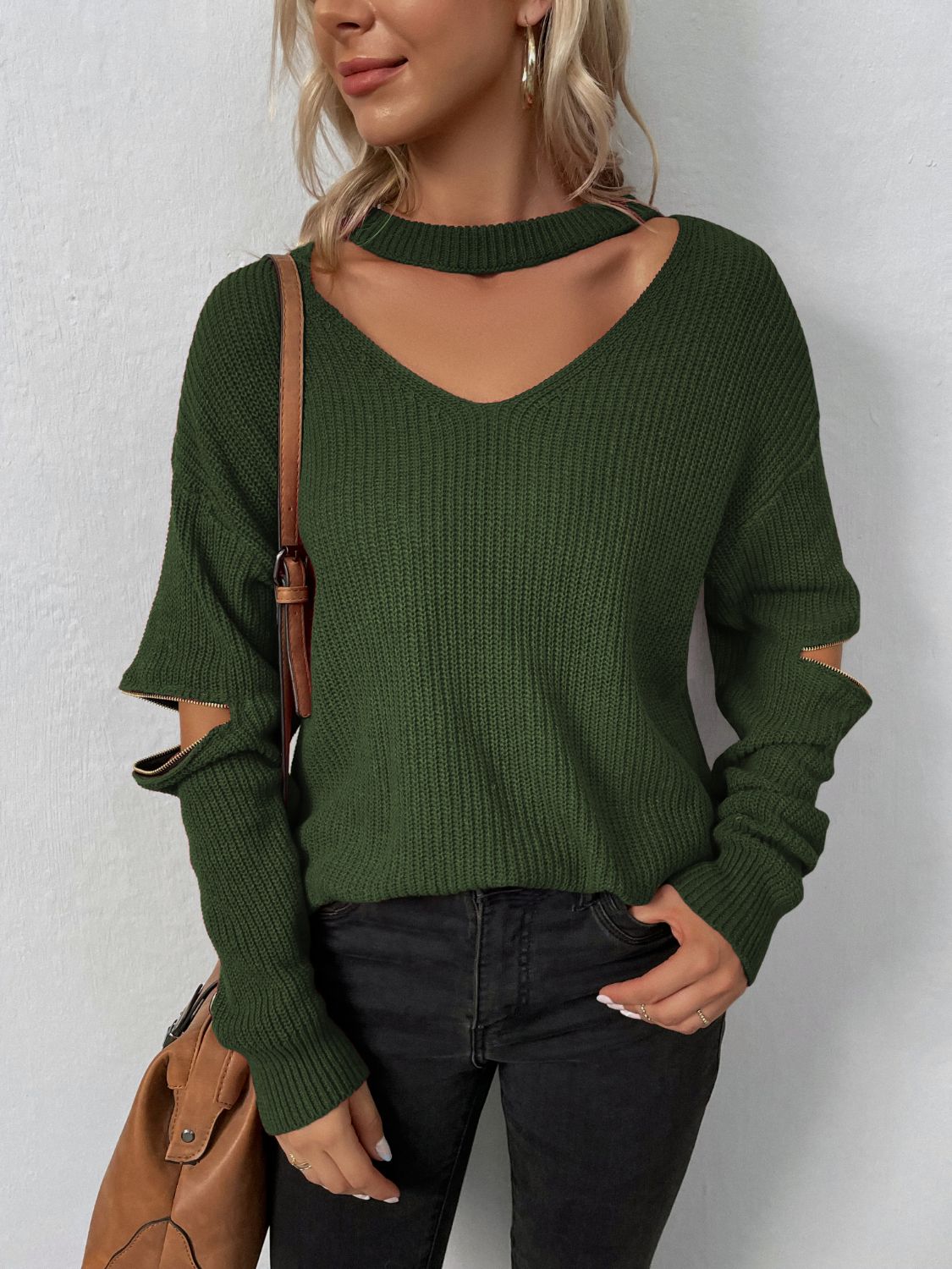 Cutout Zip Detail Sweater Army Green