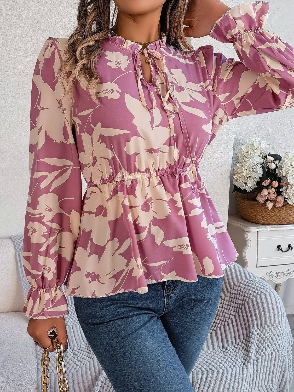 Printed Tie Neck Flounce Sleeve Blouse Pink Purple